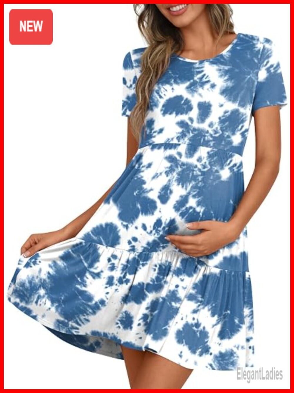 Maternity Summer Short Sleeve Ruffle Tiered Swing Loose Fit Dress Rayon Spandex